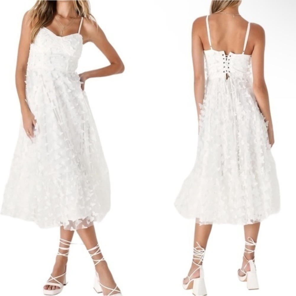 Lulus Time to Fly White Butterfly Lace-Up Midi Dress